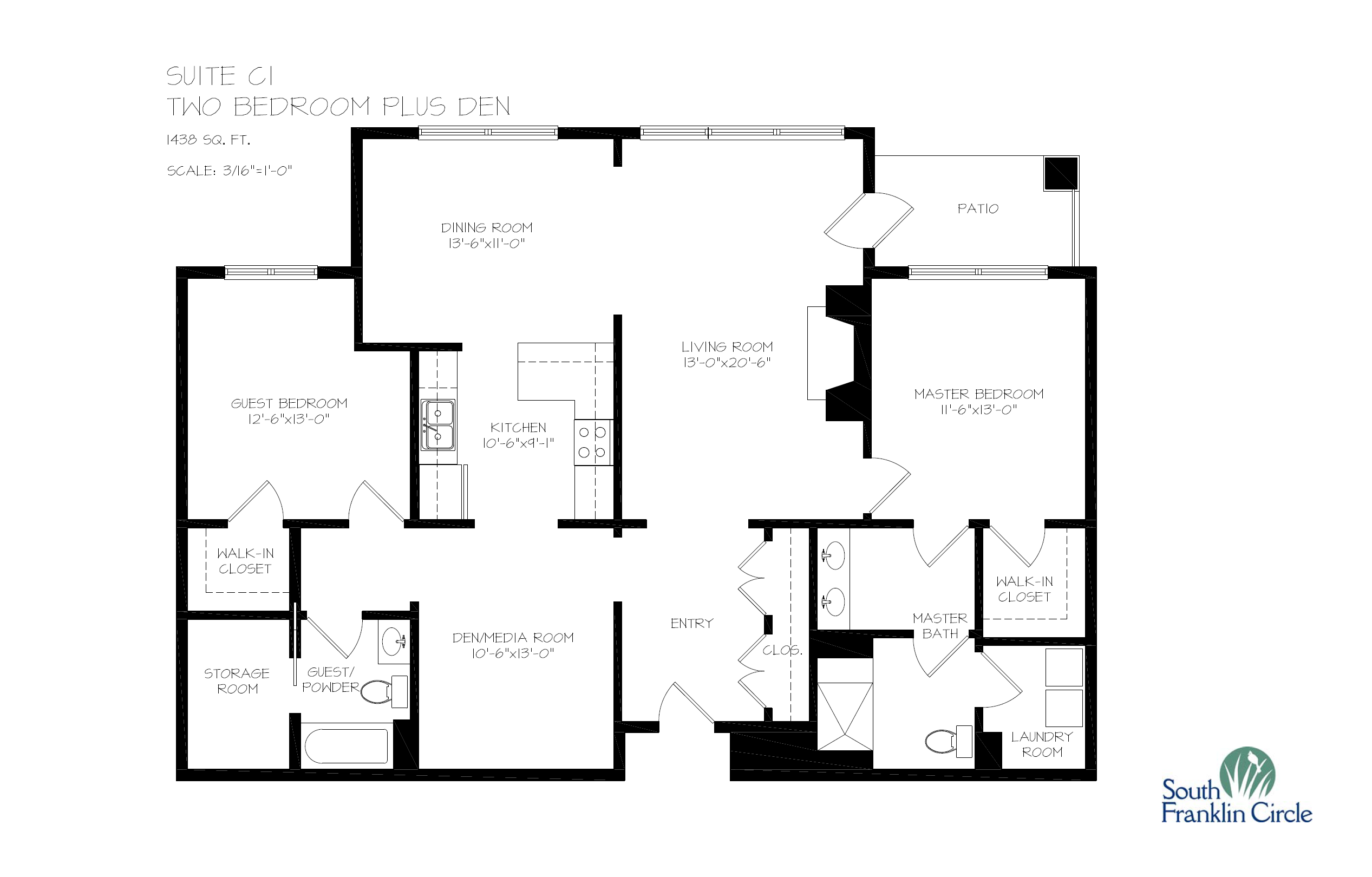 Two bedroom, two bathroom plus den floor plan